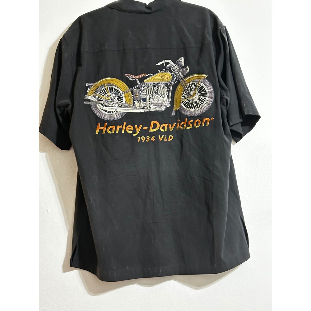 Harley-Davidson 1934 VLD Silk Blend Embroidered Camp Shirt Mens Medium Black